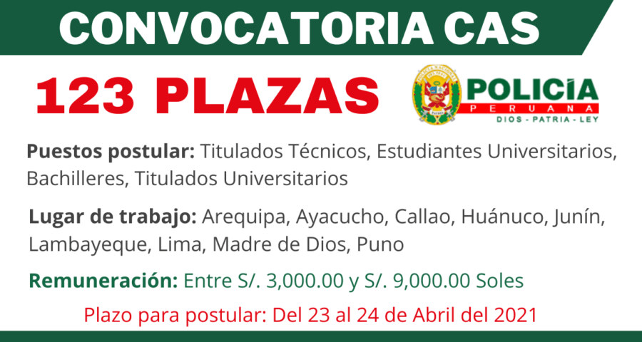 CONVOCATORIA POLICÍA NACIONAL(PNP): 123 Plazas Para Diferentes Regiones Del País