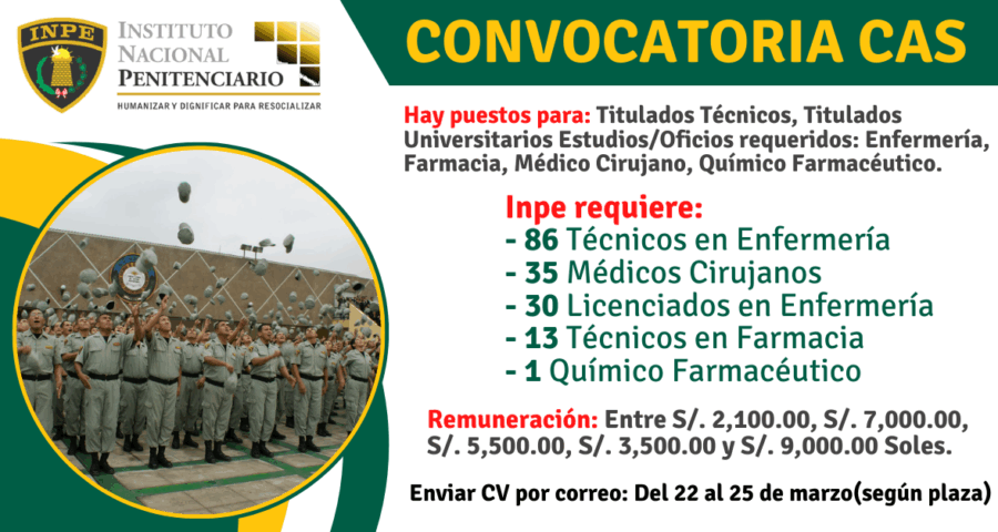Convocatoria INPE: Solicita Técnicos, Médicos, Enfermeras, Químico Farmacéutico, Otros