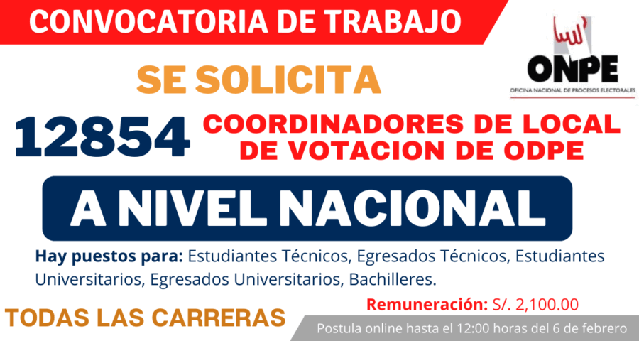 Convocatoria a Nivel Nacional: ONPE Requiere 12854 Coordinadores de Local de Votación para elecciones 2021
