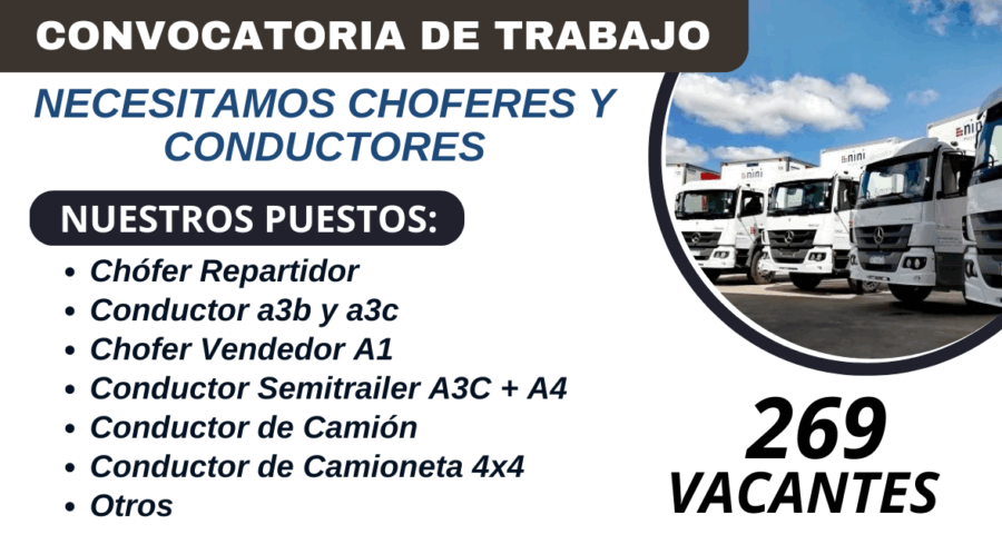 Convocatoria de trabajo a nivel nacional: Se requiere choferes con mínima experiencia
