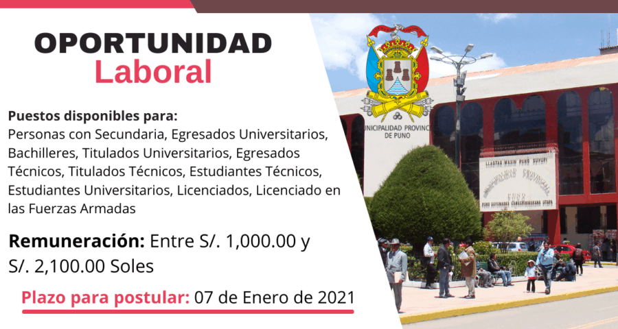 Oportunidad laboral en Municipalidad de Puno: 191 Plazas - Administración, Biología, Otros