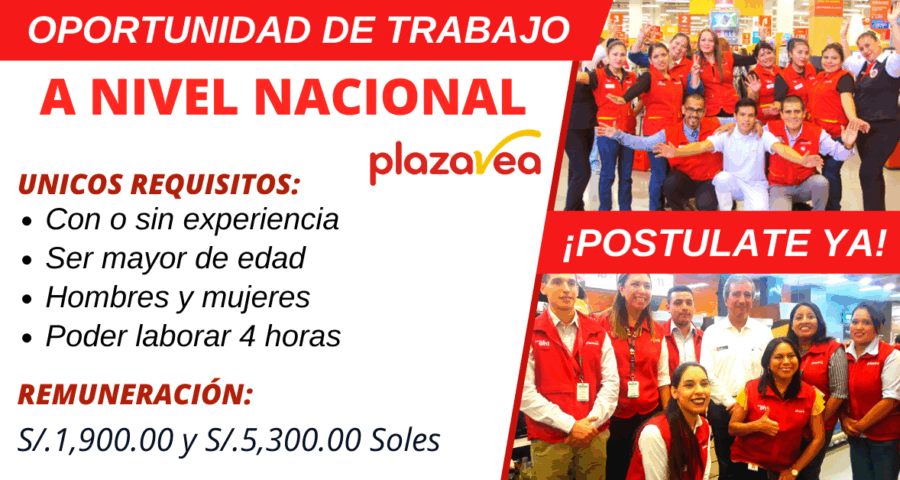 Plaza Vea trabajo sin experiencia a nivel nacional ¡Únete al equipo!